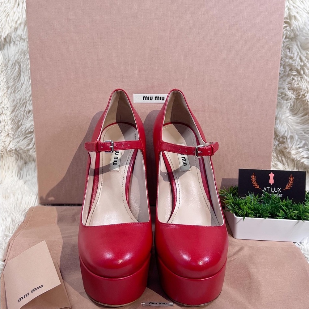 Sold Authentic Miu Miu Mary Jane Red Leather High Heel Platform Pumps